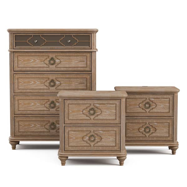 Brightwell 3-Piece Rustic Oak 2 Drawer 29 in. W Set of 2 Nightstands and Chest with USB Ports