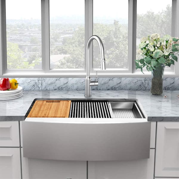 Single Bowl Workstation Kitchen Sink, Best 33 Inch Stainless Steel Farmhouse Sink Mixer