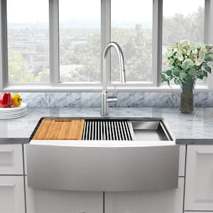 AIO Zero Radius Farmhouse/Apron-Front 18G Stainless Steel 36 in. Single Bowl Workstation Kitchen Sink, Pull-Down Faucet