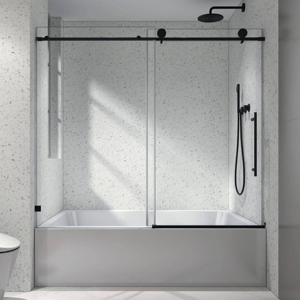 60 in. W x 63 in. H Single Sliding Frameless Stainless Steel Tub Door in Ma