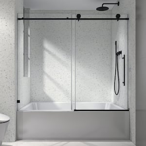 60 in. W x 63 in. H Single Sliding Frameless Stainless Steel Tub Door in Matte Black with 5/16 in. Clear Glass