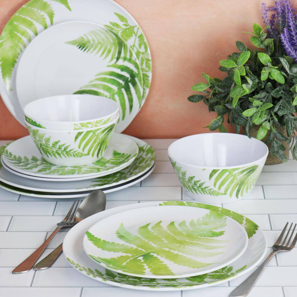 White and Green Fern Melamine 12-Piece Dinnerware Set