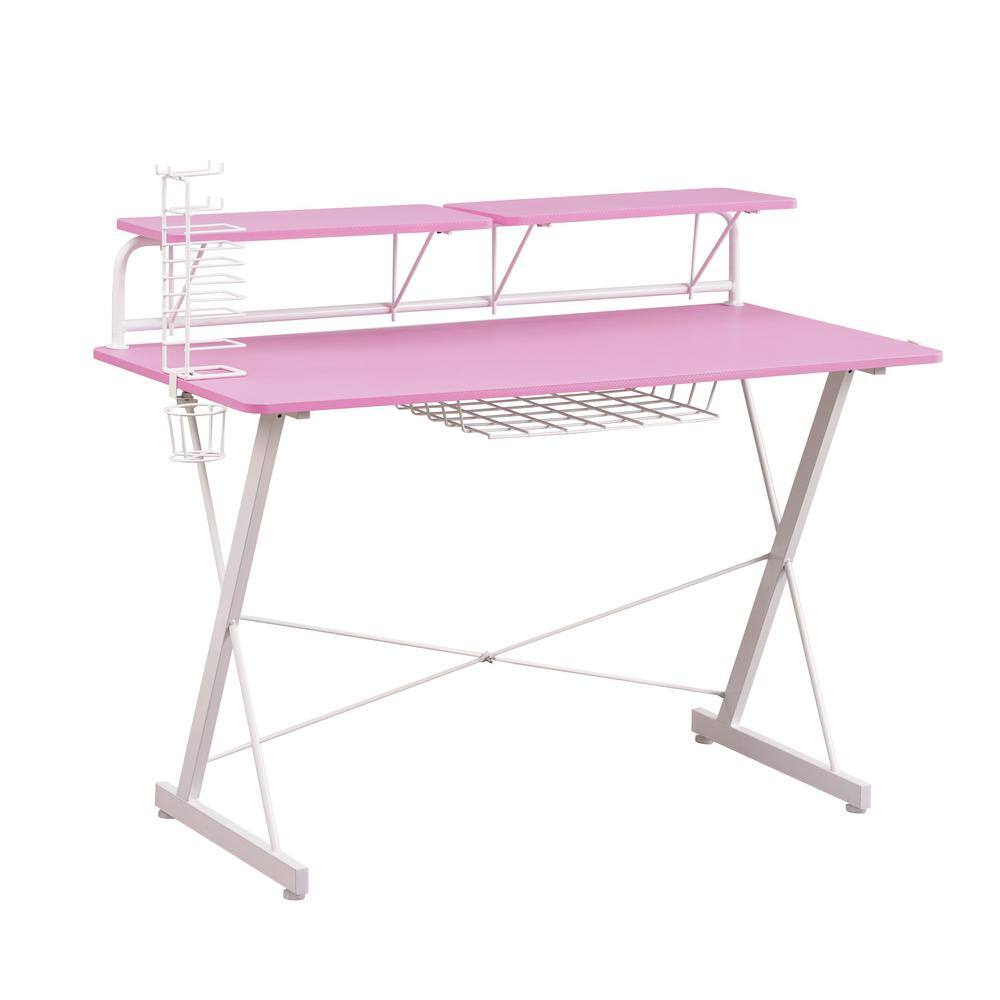 Techni Sport Dual Monitor Carbon Fiber Gaming Desk with Cup Holder - Pink
