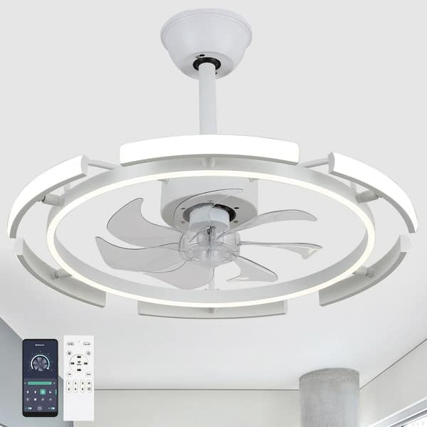 Oaks Aura Meyer 24 in. Indoor White 6 DIY Shapes Smart Ceiling Fan with Remote Futuristic UFO Design 6-Speed LED Fan lights