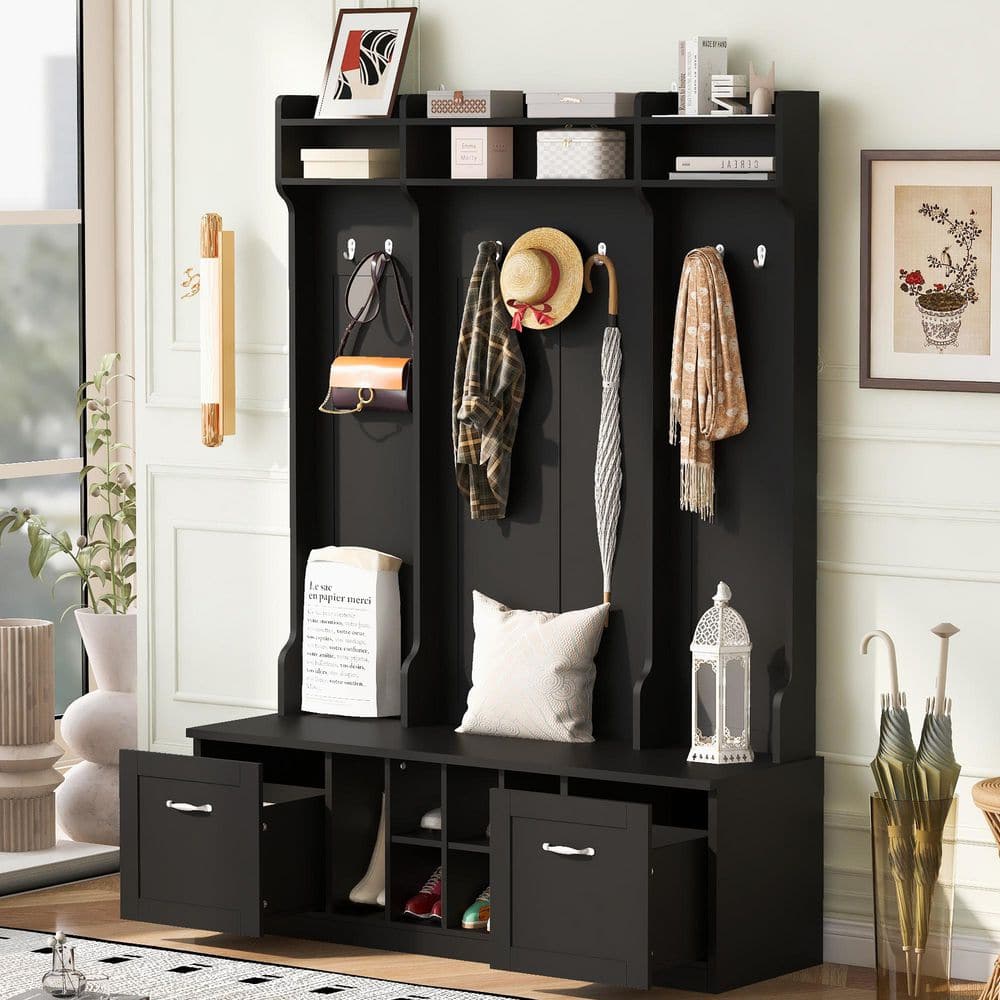 Salter Modern Black 5-in-1 Entryway Hall Tree with Coat Hooks, Bench, Shoe Storage, Drawers, Adjustable Shelves