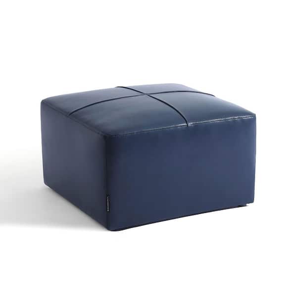 Uixe 22 in. Wide Mid-Century Navy Blue Genuine Leather Square Ottoman(Set of 1)