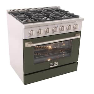 36 in. 5.2 cu. ft. 6-Burners Dual Fuel Range Propane Gas in Stainless Steel, Olive Green Oven Door with Convection Oven