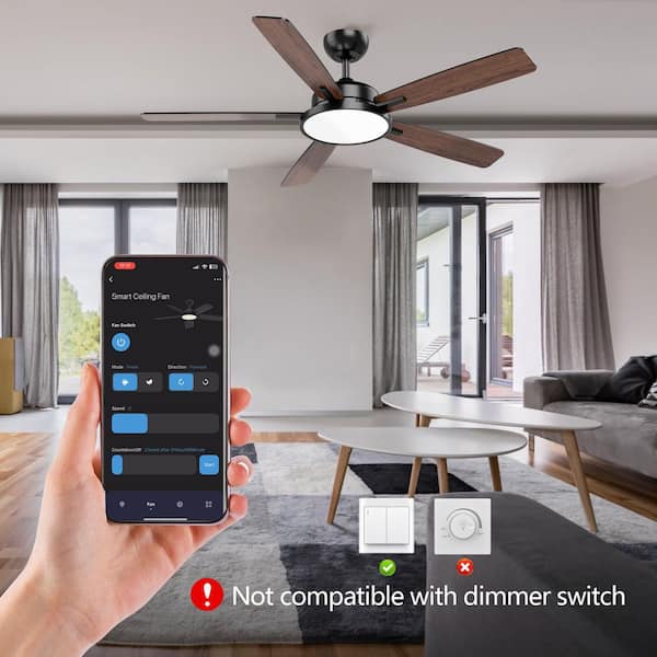 QRMOK T5 52 Smart Indoor Black Ceiling Fan with Dimmable LED