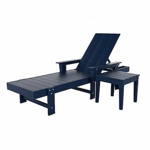 Shoreside 2Piece Modern Poly Plastic Adjustable Reclining Outdoor Patio Chaise Lounge Armchair and Table Set, Navy Blue