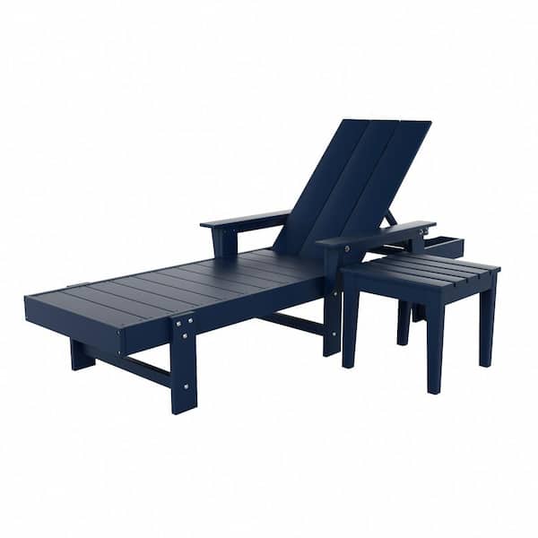 WESTIN OUTDOOR Shoreside 2Piece Modern Poly Plastic Adjustable Reclining Outdoor Patio Chaise Lounge Armchair and Table Set, Navy Blue