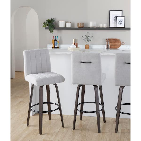 Lumisource Hank 30.75 in. Walnut Glazed Wood, Light Grey Fabric and Black Metal Fixed-Height Barstool (Set of 2)