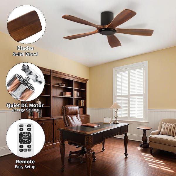 52 In. Indoor Black 5 Solid Wood Blades Flush Mount Standard Ceiling Fan with 6 Speeds and Remote Control Included