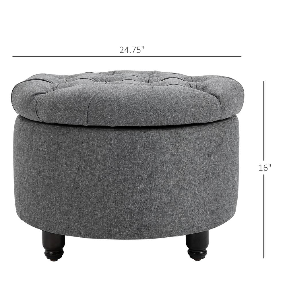 Vintage Round Tufted Linen-Feel Storage Ottoman in Grey