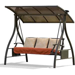 3-Person Metal Outdoor Patio Swing with Adjustable Canopy, Porch Swing Chair with Cushions and Solar LED Light
