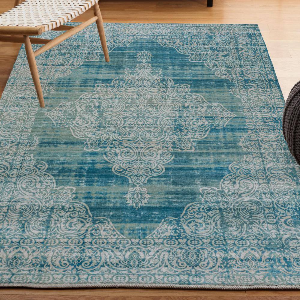 Teal and Cream Medallion Washable Synthetic Area Rug