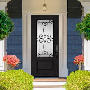 Regency 36 in. x 80 in. 3/4-Lite Georgian Decorative Glass RHOS Onyx Mahogany Fiberglass Prehung Front Door