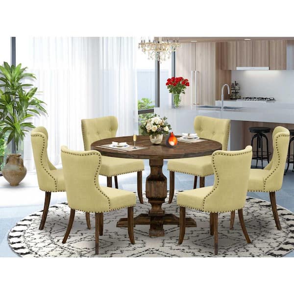 7-Piece Distressed Jacobean Finish Solid Wood Top Dining Table with 6 Parson Chairs with Lattice Back