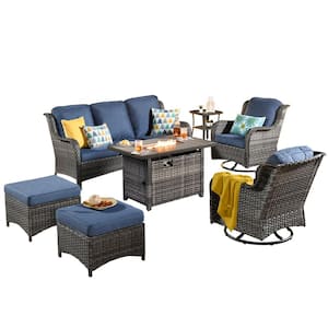 Joyoung Gray 7-Piece Wicker Patio Rectangle Fire Pit Conversation Set with Denim Blue Cushions and Swivel Chairs