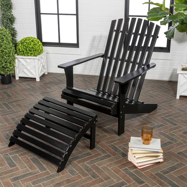 JONATHAN Y Saranac Black Traditional Rustic Acacia Wood Adirondack Chair with Detachable Ottoman (2-Piece)