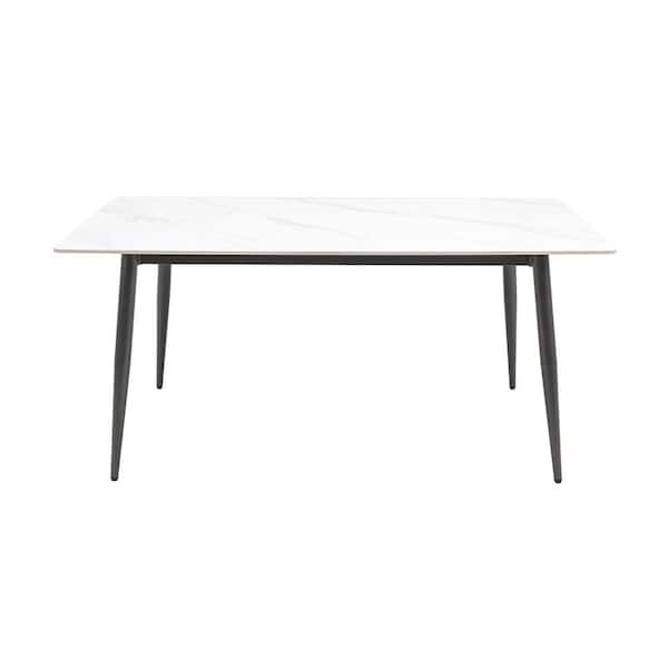 Oval White Marble 62.99 in. Pedestal Living Room Dining Table with Black Metal Legs Seats 6