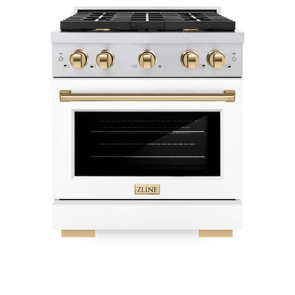 ZLINE Kitchen and Bath Autograph Edition 30 in. 4-Burner Gas Range with Convection Oven in Stainless Steel, White Matte and Polished Gold