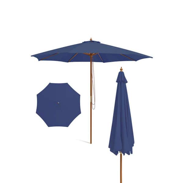 10 ft. Wood Market Patio Umbrella in Navy with Rope Pulley Lift, 8-Bamboo Ribs, 3-Adjustable Heights Poolside Umbrella