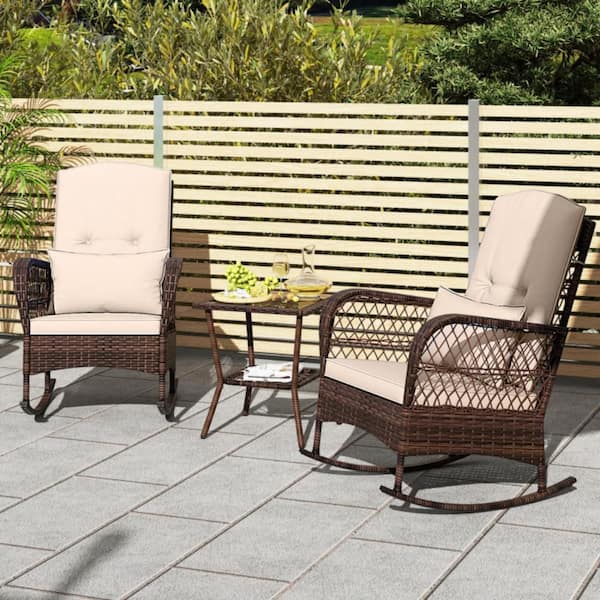 Kadehome 3-Piece Wicker Outdoor Chat Set with Beige Cushion and 2-Tier Coffee Table