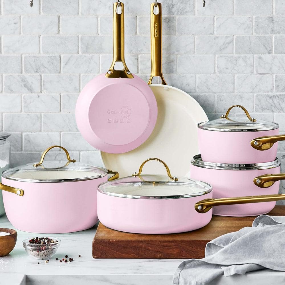 Blush Pink Ceramic Nonstick 10-Piece Cookware Set with Gold Handles