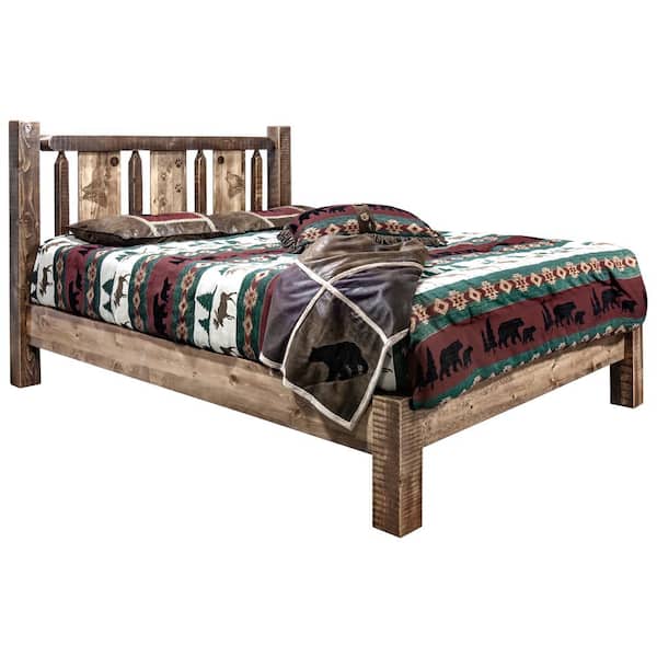 Montana Woodworks Homestead Collection Medium Brown Full Laser Engraved Wolf Motif Platform Bed
