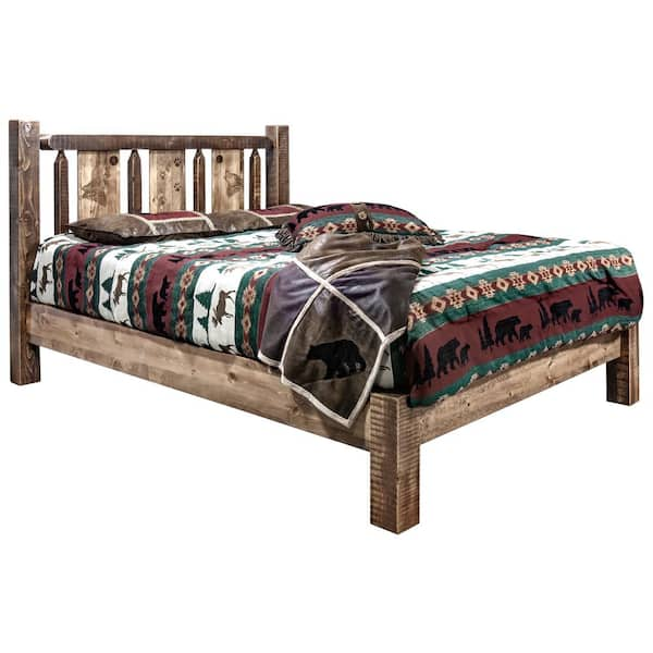 Montana Woodworks Homestead Collection Medium Brown Twin Laser Engraved Wolf Motif Platform Bed