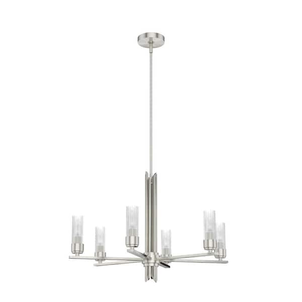 Gatz 6-Light Brushed Nickel Candlestick Chandelier with Ribbed Glass Shades