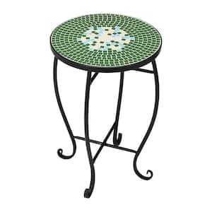 14 in. Round Side End Table Plant Stand Mosaic Accent Black Metal Frame Table (Green Garden)