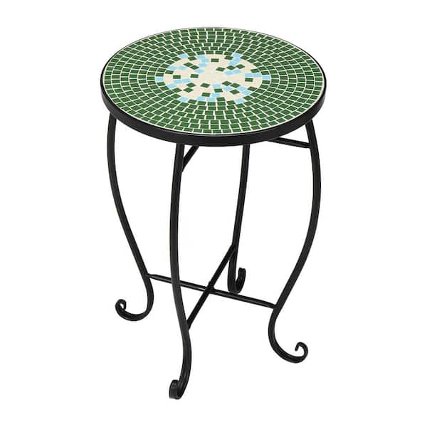 VINGLI 14 in. Round Side End Table Plant Stand Mosaic Accent Black Metal Frame Table (Green Garden)