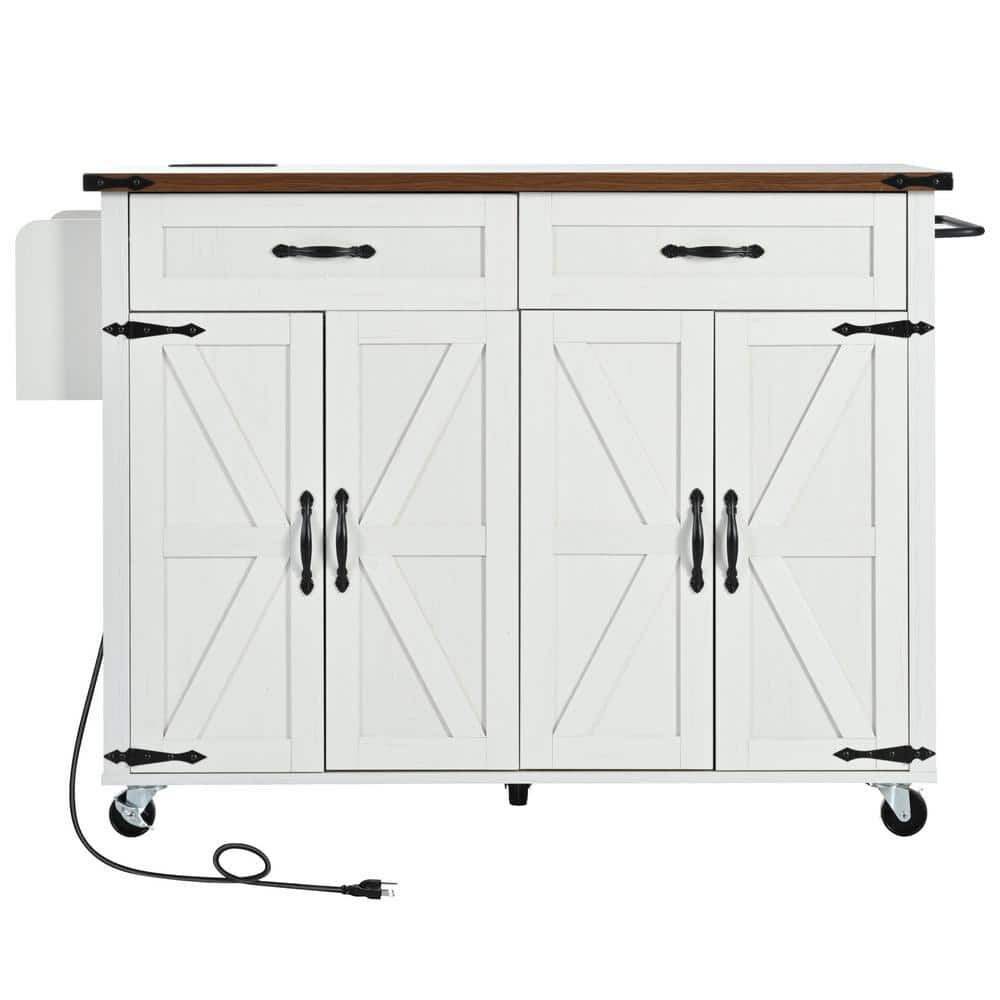 White Wood 53.5 in. W Farmhouse Kitchen Island Cart with Drop Leaf, Power Outlet, 2-Drawers and 4-Doors price history on PriceWatchPro