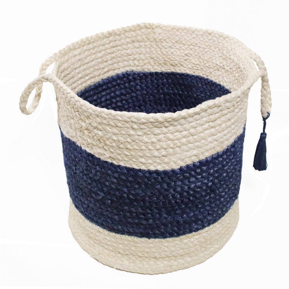 17" Round Blue and White Jute Storage Basket with Handles
