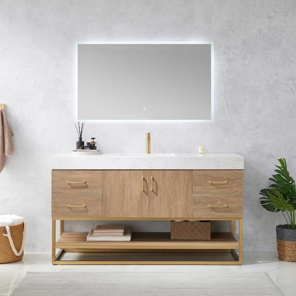 Alistair 60 in. W x 22 in. D x 33.9 in. H Single Sink Bath Vanity in North American Oak with White Grain Stone Top