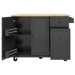 Black Wood 53 in. Rolling Kitchen Island with Drop Leaf & 3 Tier Pull Out Cabinet Organizer & Spice Rack & Towel Rack