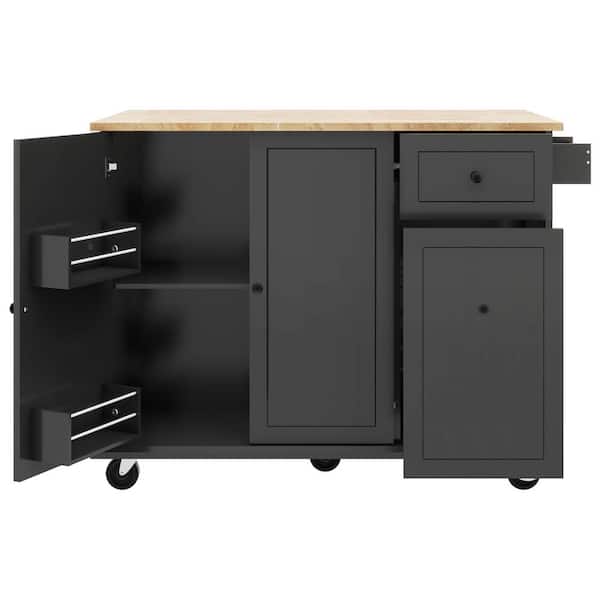 Tileon Black Wood 53 in. Rolling Kitchen Island with Drop Leaf & 3 Tier Pull Out Cabinet Organizer & Spice Rack & Towel Rack