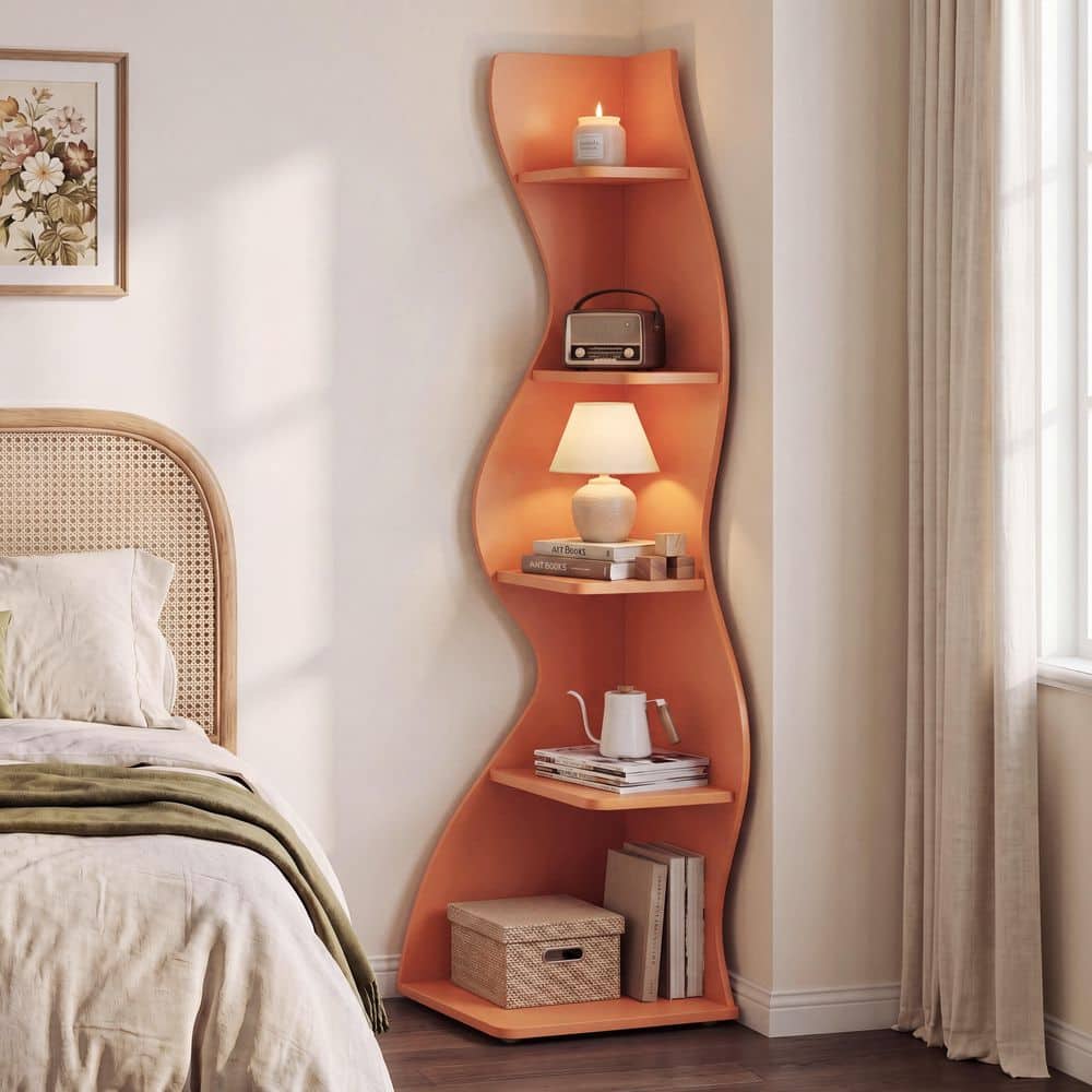 Orange Rotation Bookcase BYBLIGHT Eulas 69.8 in. Tall Orange Wood 5-Shelf Standard Bookcase ...