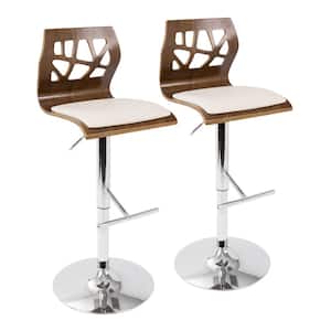 Folia 44 in. Cream Faux Leather and Chrome Metal High Back Adjustable Bar Stool with Straight T Footrest (Set of 2)