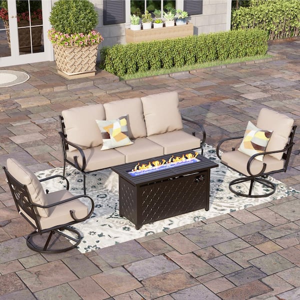 PHI VILLA Black Metal 5 Seat 4-Piece Steel Outdoor Fire Pit Patio Set with Beige Cushions, Black Rectangular Fire Pit Table