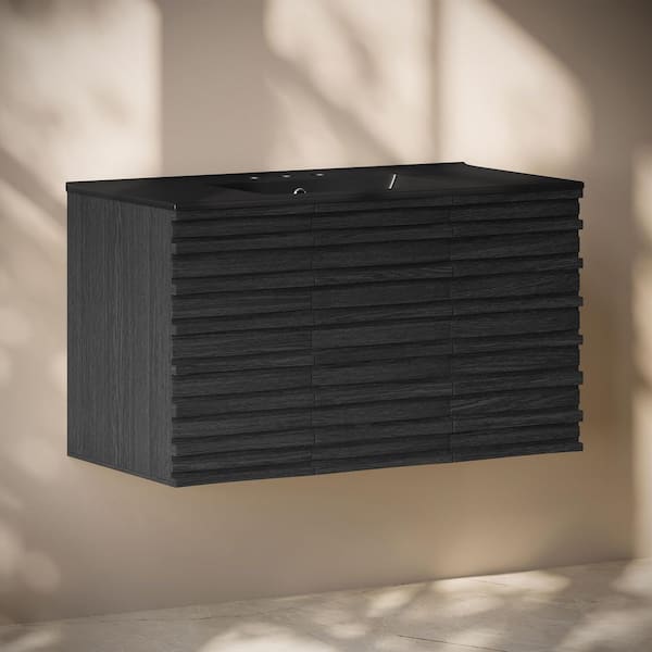 Cascade 36 in. Wall-Mounted Bath Vanity in Black Oak with Black Ceramic 3-Hole Widespread Sink Top