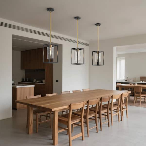 7 in. 1-Light Black and Gold Kitchen Island Pendant Lighting, Rectangle Metal Adjustable Length w/ Clear Glass