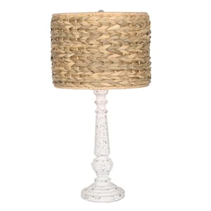 24.6 in. Resin Poly White Table Lamp Set with Brown Weaved Shade and Cable (Set of 2)