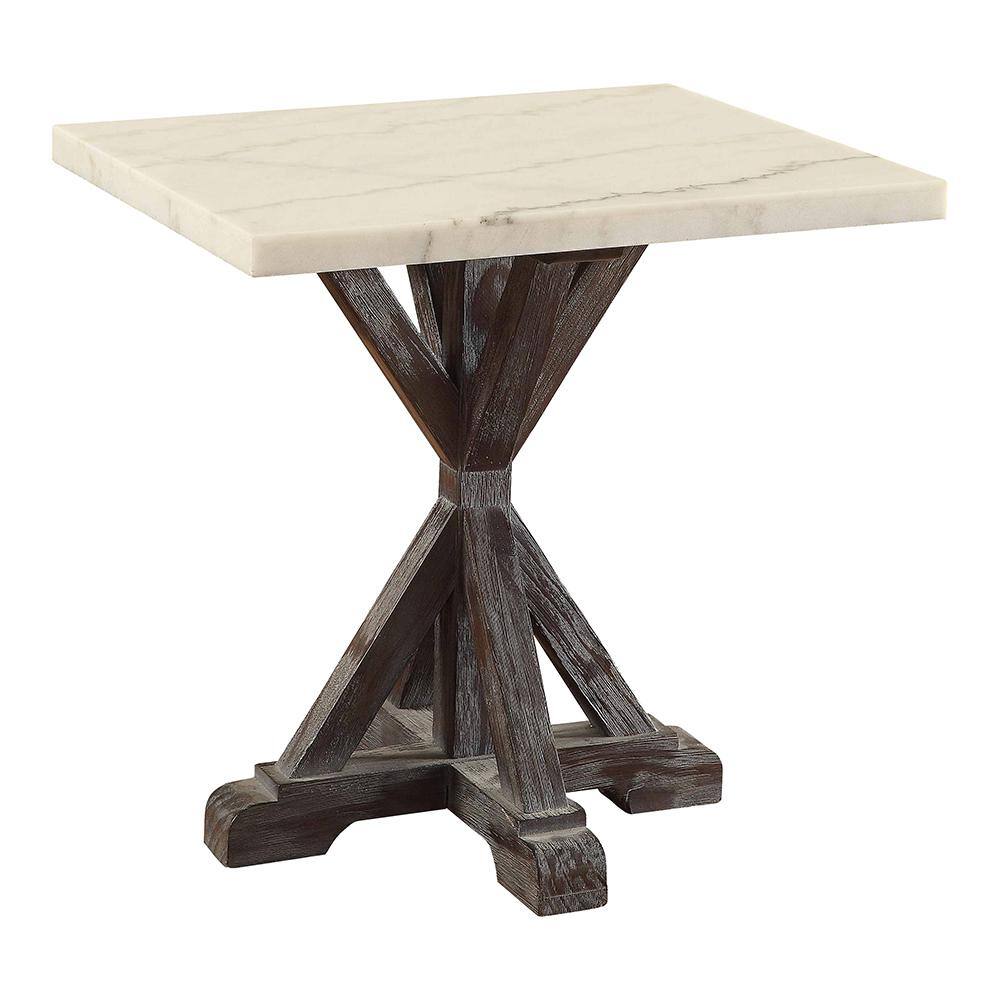 Romina Weathered Espresso Pine Wood & White Marble End Table