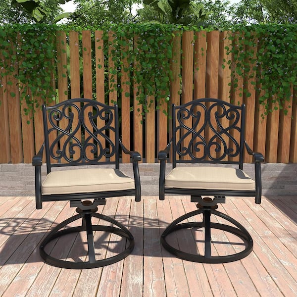 Set of 2 Cast Aluminum Outdoor Patio Vintage Carved Swivel Chairs Dining Chair with Beige Cushion