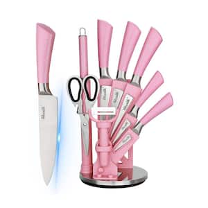 9-Piece Stainless Steel American Knife Set in Pink with Acrylic Stand Knife Block for Home, Restaurant and Apartment
