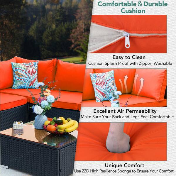 SINOFURN Rattan Outdoor Sectional with Red Cushion(S) and Rattan