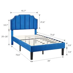 Upholstered Bed Blue Metal plus Wood Frame Twin Platform Bed with Tufted Adjustable Headboard/Mattress Foundation