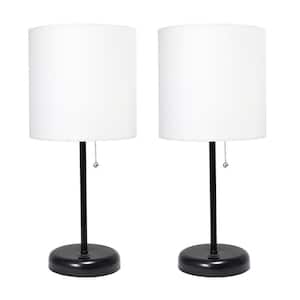19.5 in. Black Stick Lamp with USB Charging Port and Fabric Shade, White (2-Pack Set)